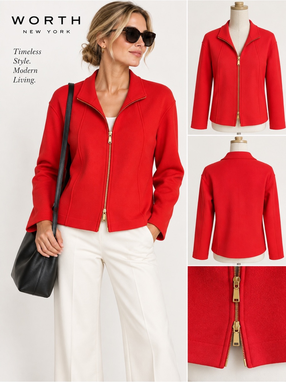 Worth New York Red Stretch Knit Jacket Gold Two Way Zip Made USA S